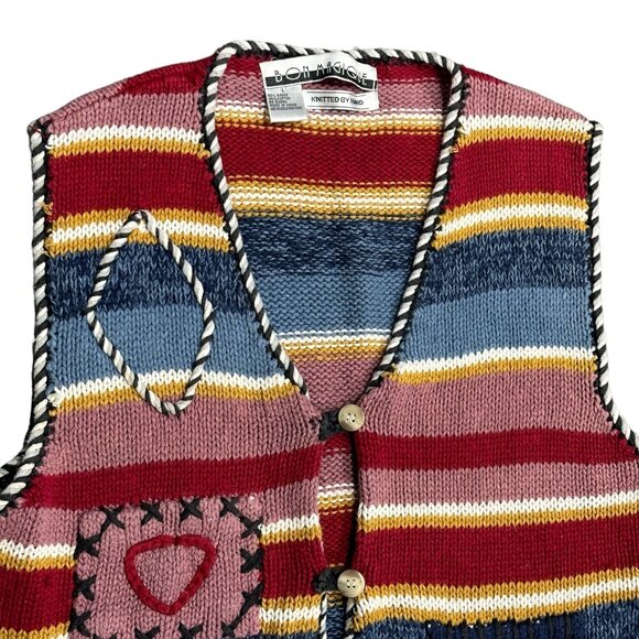 Vintage Bon Magique Womens L Knitted by Hand Sweater Vest Front Button Fringe - Picture 2 of 13